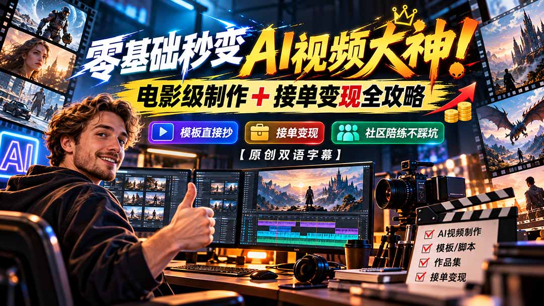 零基础秒变AI视频大神！电影级制作 + 接单变现全攻略，模板直接抄，社区陪练不踩坑【原创双语字幕】-海之城短剧项目