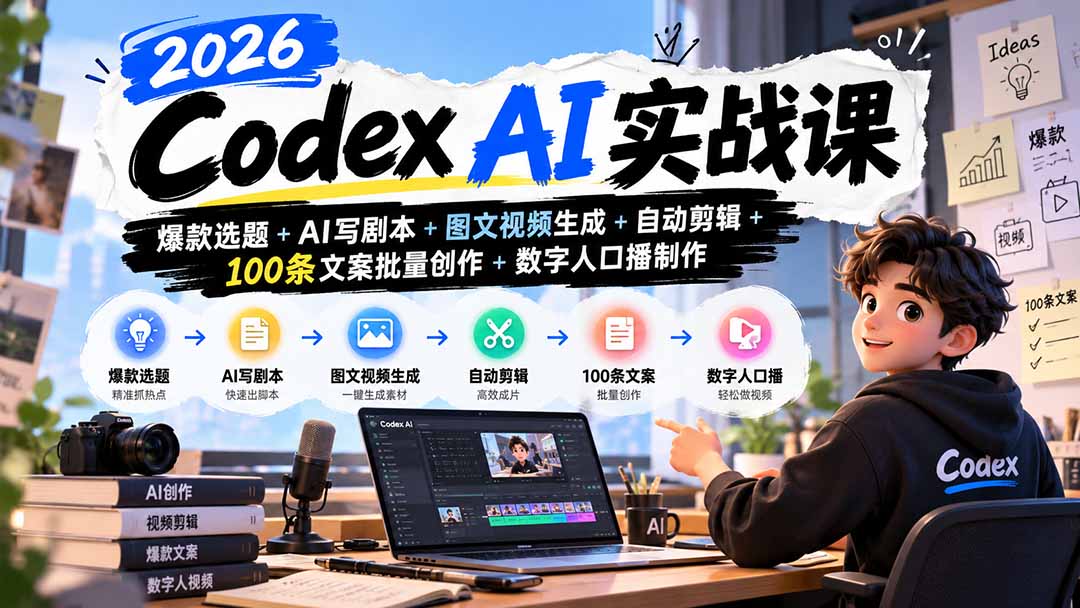 2026Codex AI实战课：爆款选题+AI写剧本+图文视频生成+自动剪辑+100条文案批量创作+数字人口播制作-海之城短剧项目