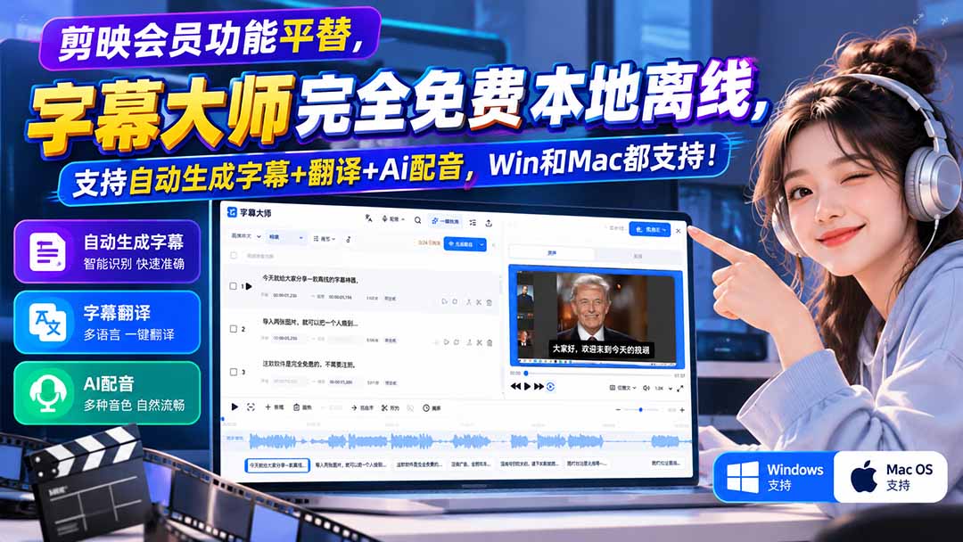 剪映会员功能平替，字幕大师完全免费本地离线，支持自动生成字幕+翻译+Ai配音，Win和Mac都支持！-海之城短剧项目