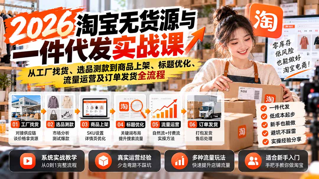 2026淘宝无货源与一件代发实战课：从工厂找货、选品测款到商品上架、标题优化、流量运营及订单发货全流程-海之城短剧项目