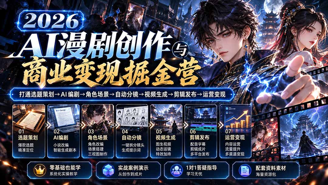 【无水印】2026AI漫剧创作与商业变现掘金营：打通选题→AI编剧→角色场景→自动分镜→视频生成→剪辑发布→运营变现-海之城短剧项目