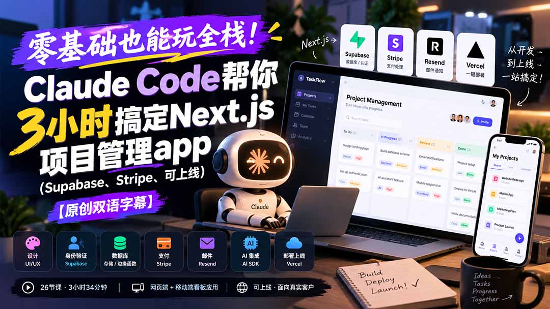 零基础也能玩全栈！Claude Code帮你3小时搞定Next.js项目管理app（Supabase、Stripe、可上线）【原创双语字幕】-海之城短剧项目