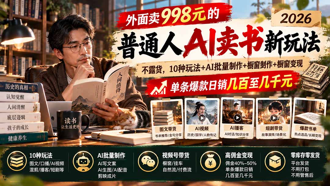 外面卖998元的2026普通人AI卖书新玩法：不露脸、不囤货，10种玩法+AI批量制作+橱窗变现，单条爆款日销几百至几千元-海之城短剧项目