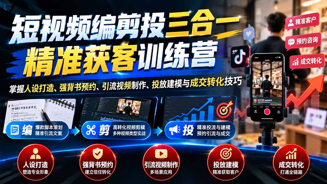 短视频编剪投三合一精准获客训练营：掌握人设打造、强背书预约、引流视频制作、投放建模与成交转化技巧-海之城短剧项目