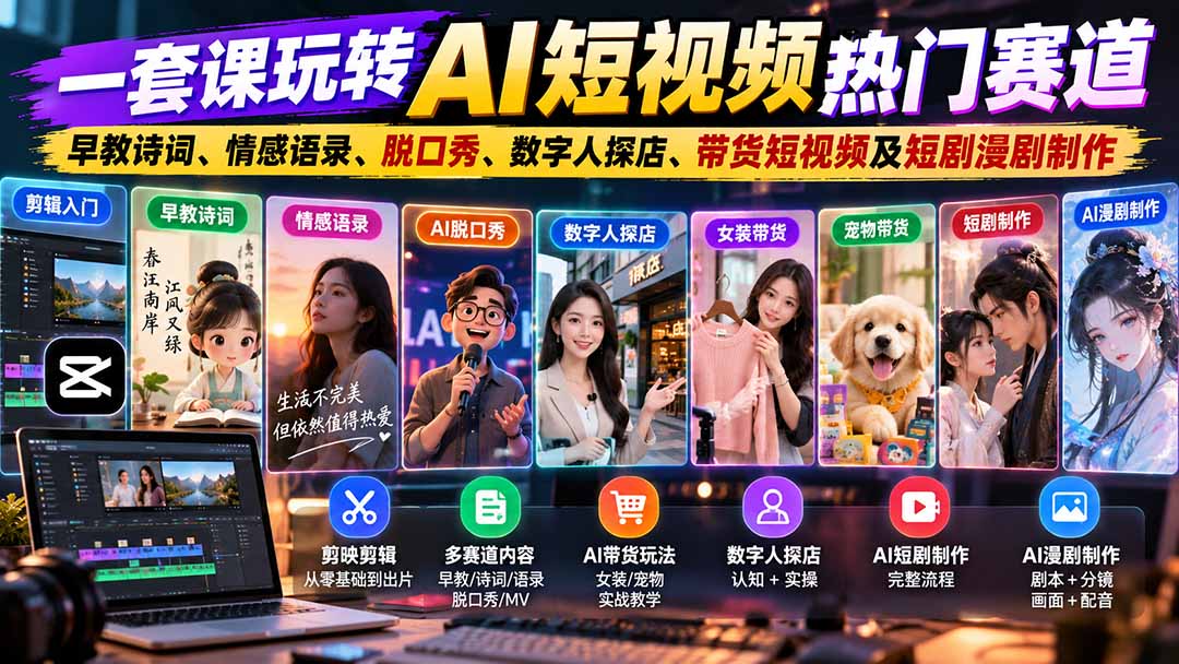 一套课玩转AI短视频热门赛道：早教诗词、情感语录、脱口秀、数字人探店、带货短视频及短剧漫剧制作  复制标题-海之城短剧项目