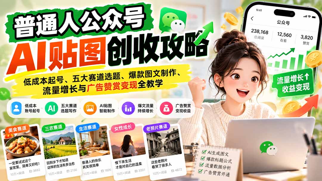 普通人公众号AI贴图创收攻略：低成本起号、五大赛道选题、爆款图文制作、流量增长与广告赞赏变现全教学-海之城短剧项目
