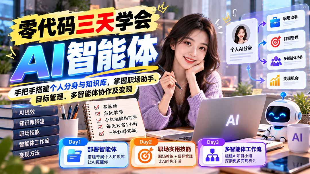 【无水印】零代码三天学会AI智能体：手把手搭建个人分身与知识库，掌握职场助手、目标管理、多智能体协作及变现-海之城短剧项目