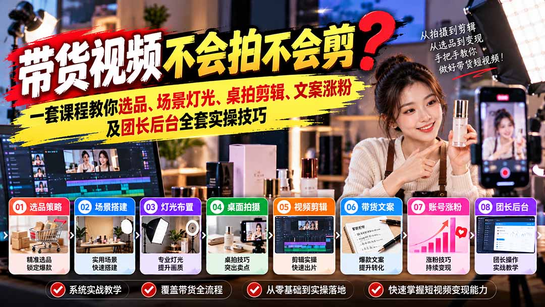 带货视频不会拍不会剪？一套课程教你选品、场景灯光、桌拍剪辑、文案涨粉及团长后台全套实操技巧  复制标题-海之城短剧项目