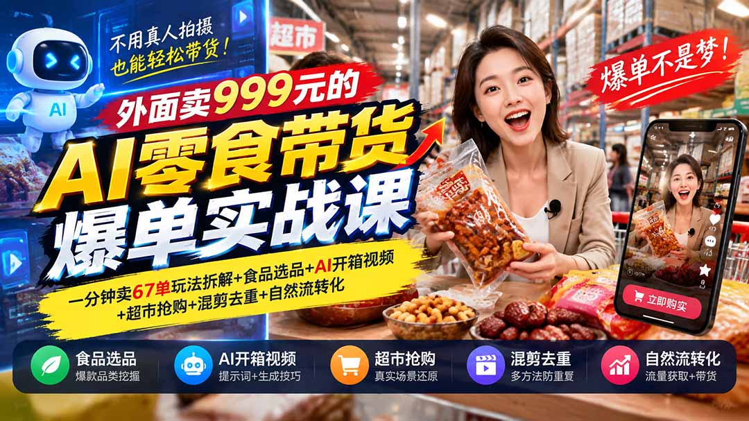 外面卖999元的AI零食带货爆单实战课｜一分钟卖67单玩法拆解+食品选品+AI开箱视频+超市抢购+混剪去重+自然流转化 - 中创网