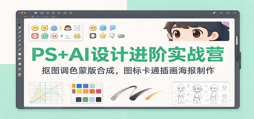 PS+AI设计进阶实战营：抠图调色蒙版合成，图标卡通插画海报制作-海之城短剧项目