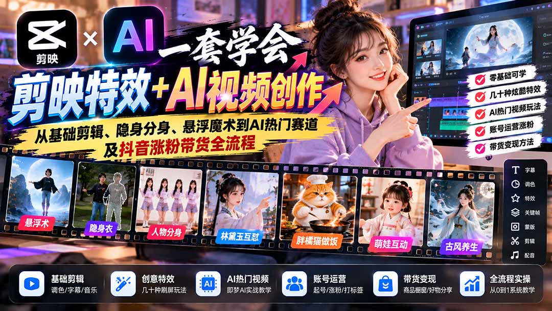 一套学会剪映特效+AI视频创作：从基础剪辑、隐身分身、悬浮魔术到AI热门赛道及抖音涨粉带货全流程-海之城短剧项目