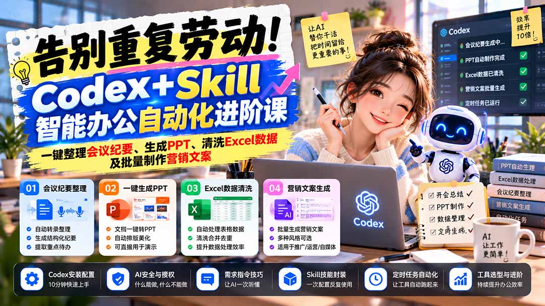 告别重复劳动！Codex+Skill智能办公自动化进阶课：一键整理会议纪要、生成PPT、清洗Excel数据及批量制作营销文案 - 中创网