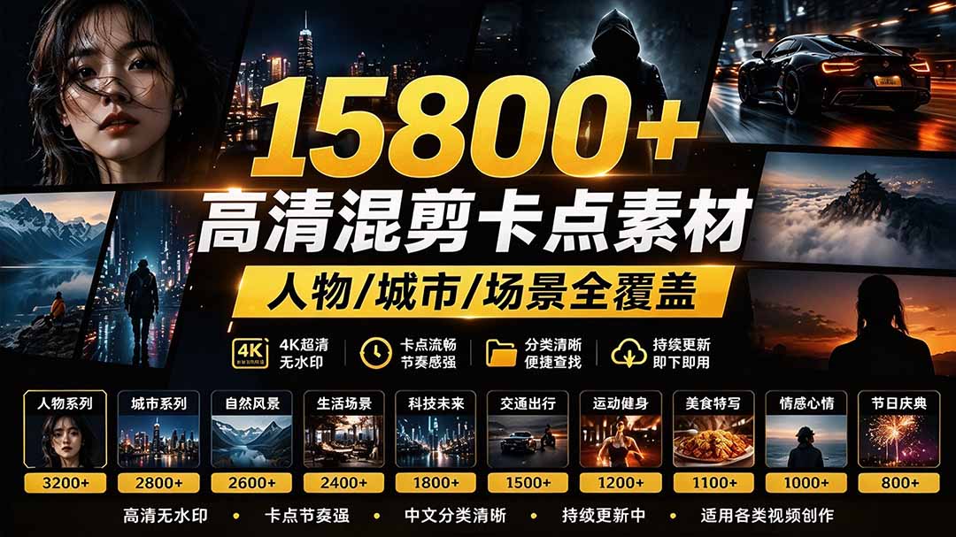 【影视剪辑素材合集】15800+高清混剪卡点｜热门影视精彩片段｜人物/城市/场景全覆盖，中文分类清晰