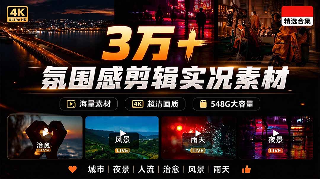 氛围感3万+海量高清剪辑实况素材，含雨天、雪天、夜景、街道等经典场景，伤感唯美励志短视频无水印素材-海之城短剧项目