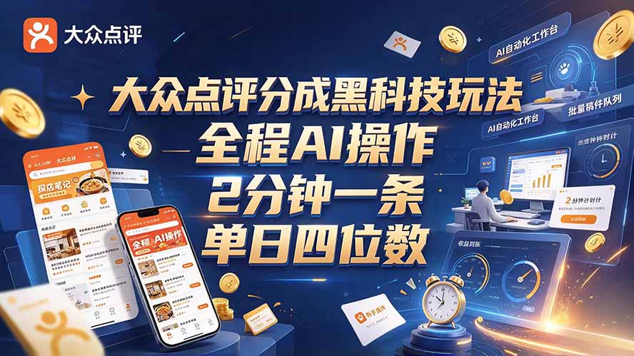 大众点评分成全网独家玩法，AI 全自动出内容，2 分钟一条，小白可冲单日四位数-海之城短剧项目