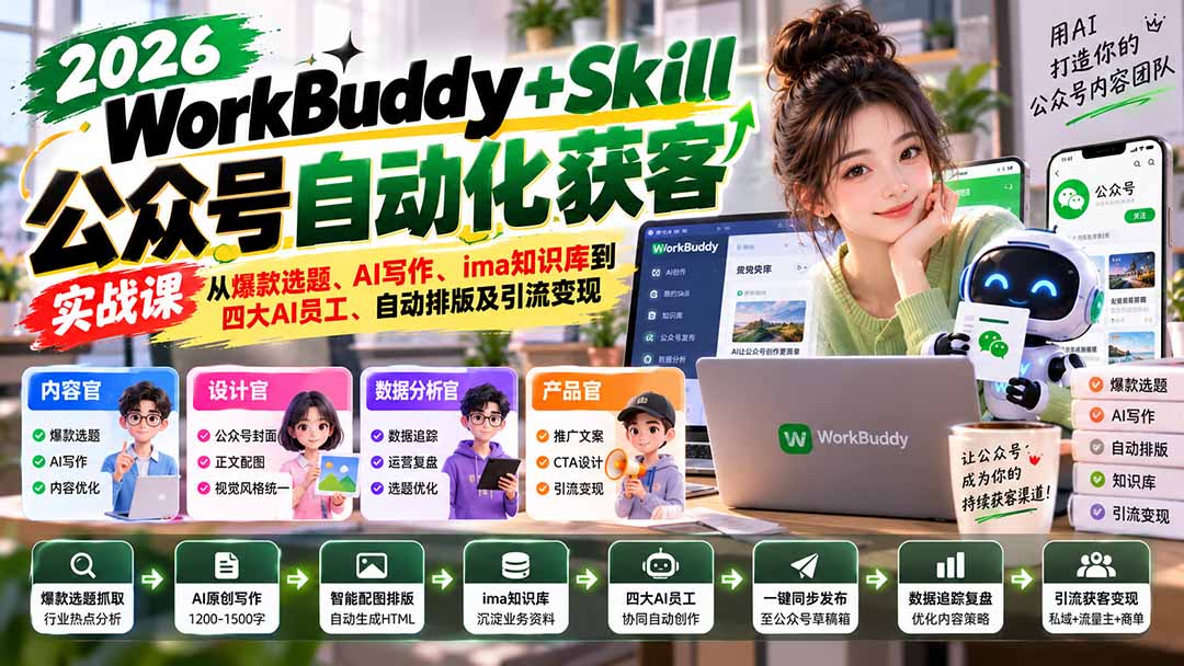 WorkBuddy + Skill公众号自动化获客实战课：从爆款选题、AI写作、ima知识库到四大AI员工、自动排版及引流变现-海之城短剧项目