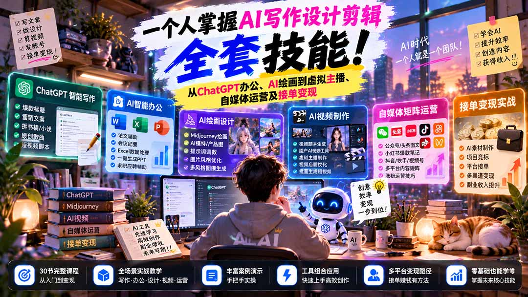 一个人掌握AI写作设计剪辑全套技能：从ChatGPT办公、AI绘画到虚拟主播、自媒体运营及接单变现-海之城短剧项目