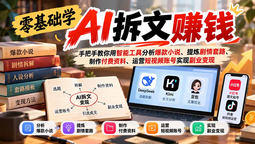 零基础学AI拆文赚钱：手把手教你用智能工具分析爆款小说、提炼剧情套路、制作付费资料、运营短视频账号实现副业变现-海之城短剧项目