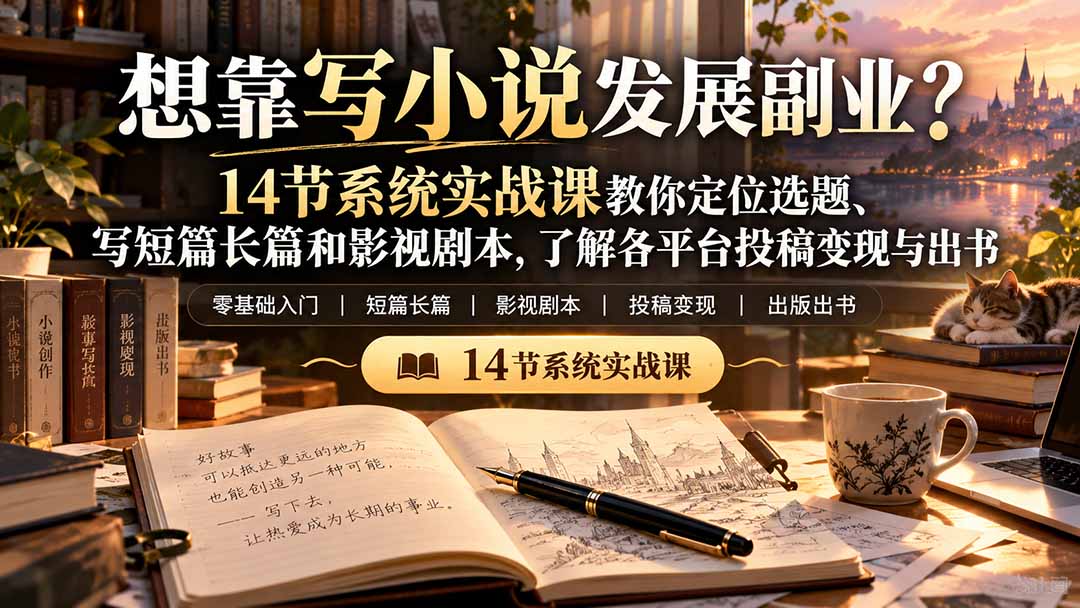 【无水印】想靠写小说发展副业？14节系统实战课教你定位选题、写短篇长篇和影视剧本，了解各平台投稿变现与出书-海之城短剧项目