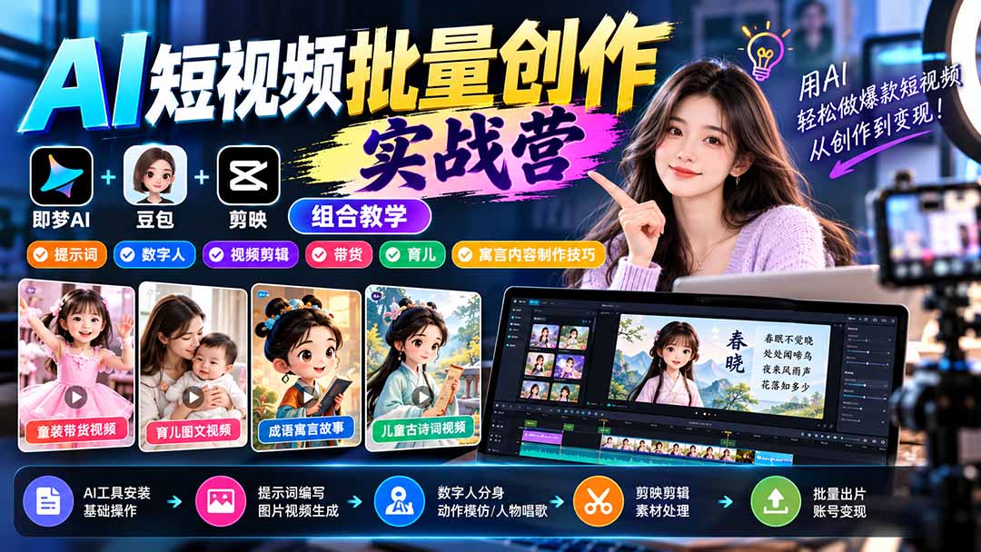 【无水印】AI短视频批量创作实战营：即梦+豆包+剪映组合教学，提示词/数字人/视频剪辑/带货/育儿/寓言内容制作技巧-海之城短剧项目