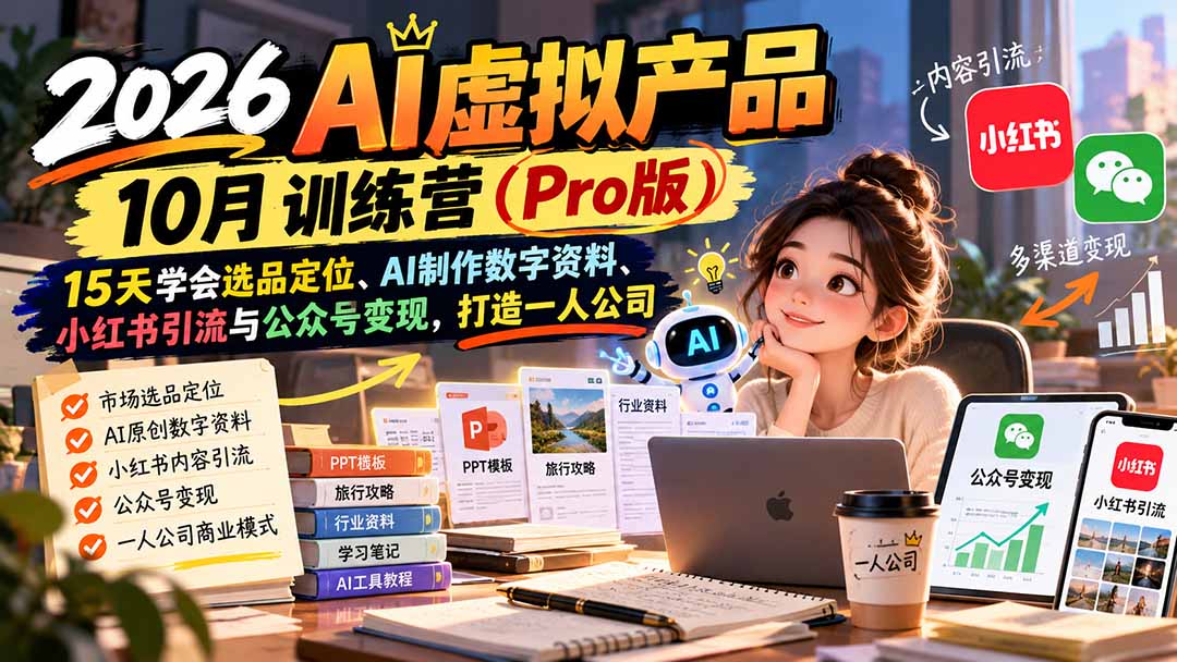 2026AI虚拟产品10月训练营（Pro版）：15天学会选品定位、AI制作数字资料、小红书引流与公众号变现，打造一人公司-海之城短剧项目