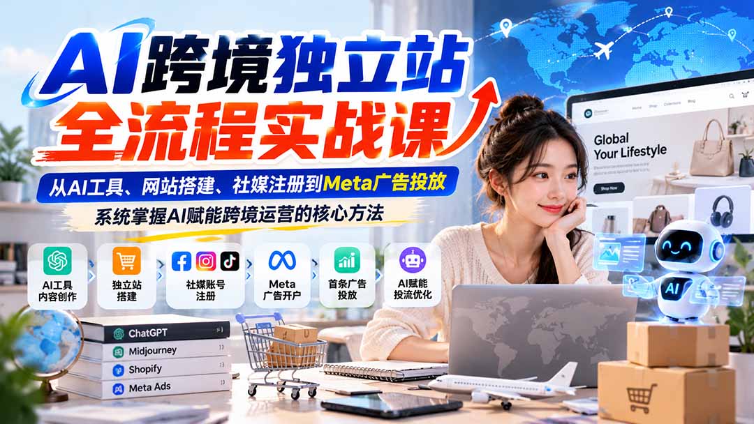 AI跨境独立站全流程实战课：从AI工具、网站搭建、社媒注册到Meta广告投放，系统掌握AI赋能跨境运营的核心方法-海之城短剧项目