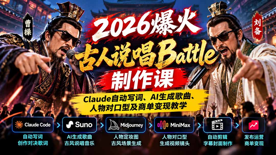 2026爆火古人说唱Battle制作课：Claude自动写词、AI生成歌曲、人物对口型及商单变现教学