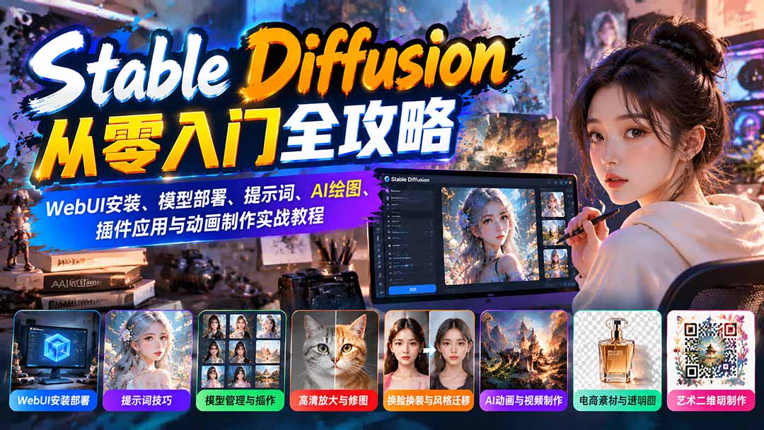 Stable Diffusion从零入门全攻略：WebUI安装、模型部署、提示词、AI绘图、插件应用与动画制作实战教程-海之城短剧项目