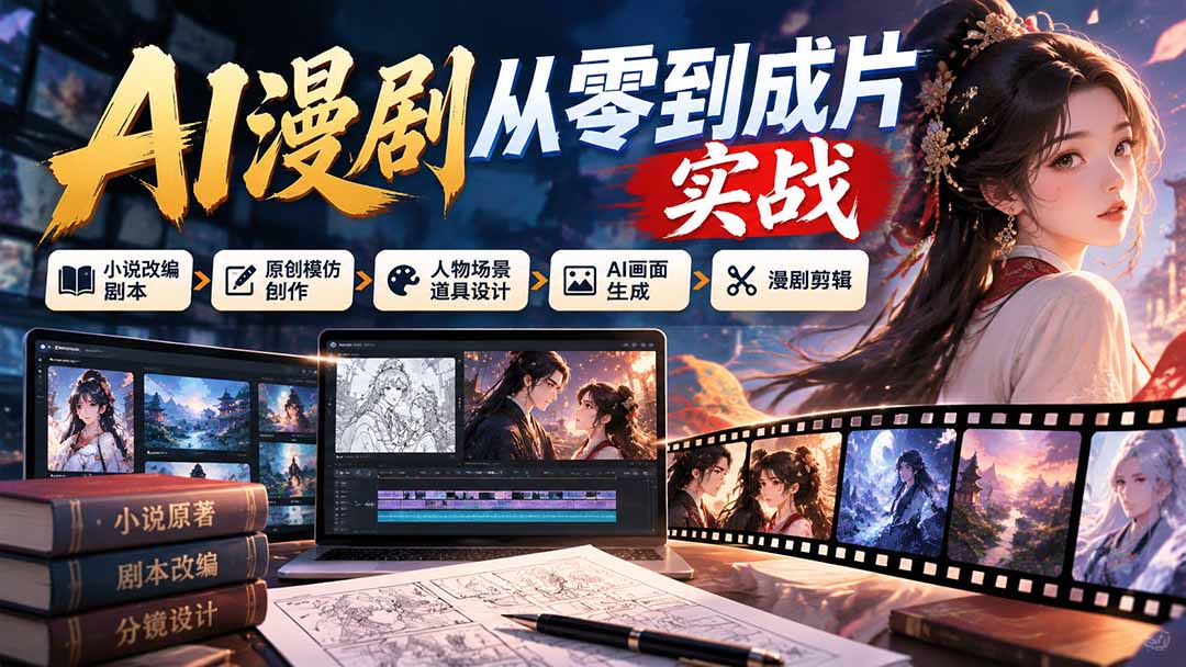 AI漫剧从零到成片实战：小说改编剧本、原创模仿创作、人物场景道具设计、AI画面生成与漫剧剪辑-海之城短剧项目