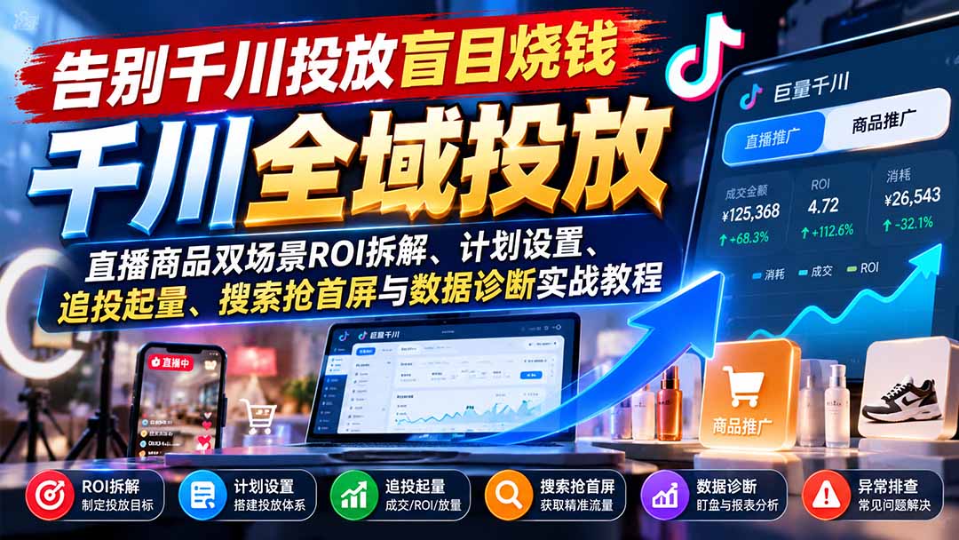 告别千川投放盲目烧钱：直播商品双场景ROI拆解、计划设置、追投起量、搜索抢首屏与数据诊断实战教程-海之城短剧项目