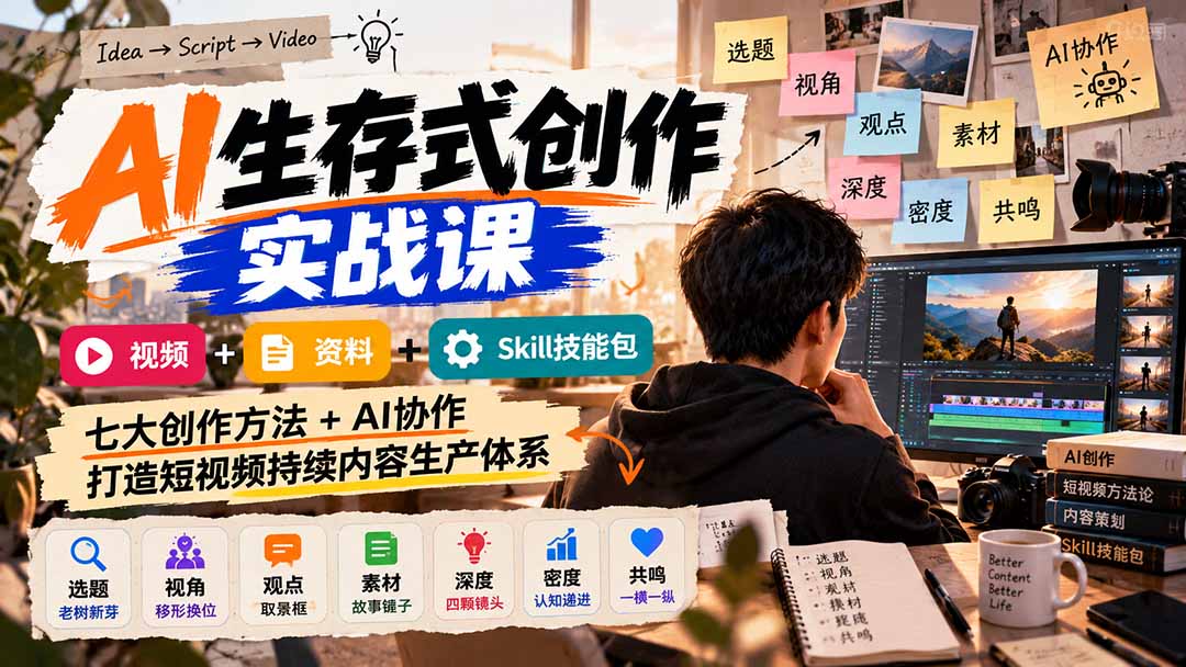 AI生存式创作实战课：视频+资料+Skill技能包，七大创作方法+AI协作，打造短视频持续内容生产体系-海之城短剧项目