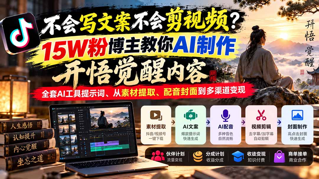 不会写文案不会剪视频？15W粉博主教你AI制作开悟觉醒内容，全套AI工具提示词、从素材提取、配音封面到多渠道变现-海之城短剧项目