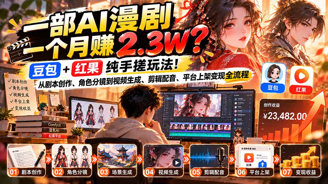 一部AI漫剧一个月赚2.3W？豆包+红果纯手搓玩法！从剧本创作、角色分镜到视频生成、剪辑配音、平台上架变现全流程-海之城短剧项目