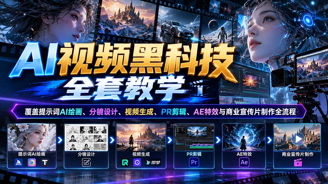 AI视频黑科技全套教学：覆盖提示词AI绘画、分镜设计、视频生成、PR剪辑、AE特效与商业宣传片制作全流程-海之城短剧项目