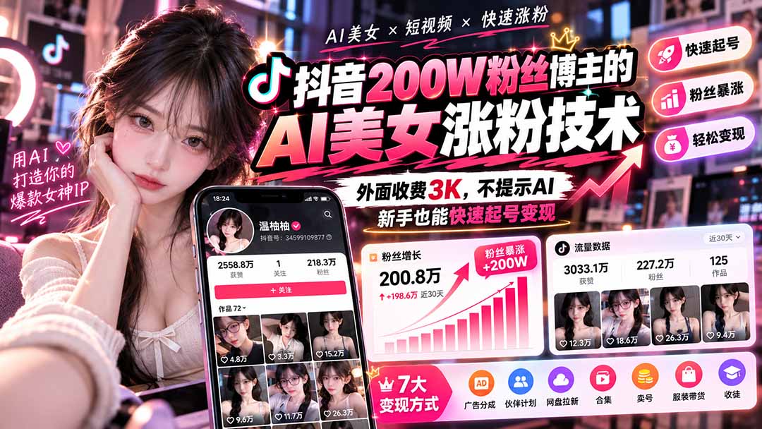 抖音200W粉丝博主的AI美女涨粉技术，外面收费3K，不提示AI，新手也能快速起号变现-海之城短剧项目