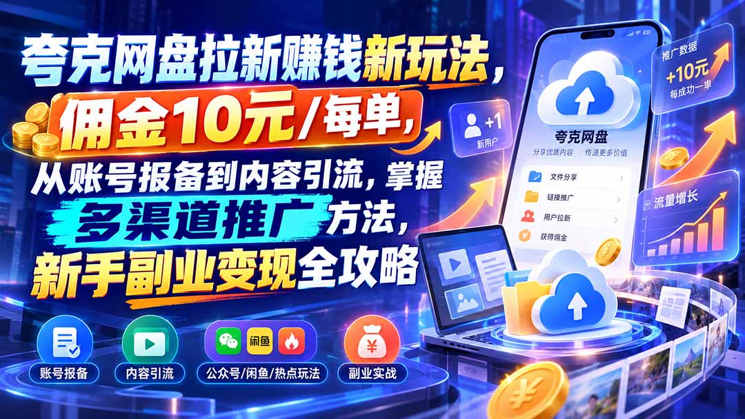 夸克网盘拉新赚钱新玩法，佣金10元/每单，从账号报备到内容引流，掌握多渠道推广方法，新手副业变现全攻略-海之城短剧项目