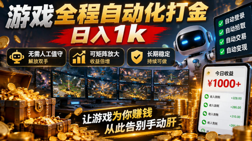 游戏全程自动化打金，日入1k，无需人工值守，解放双手，可矩阵放大，长期稳定！-海之城短剧项目