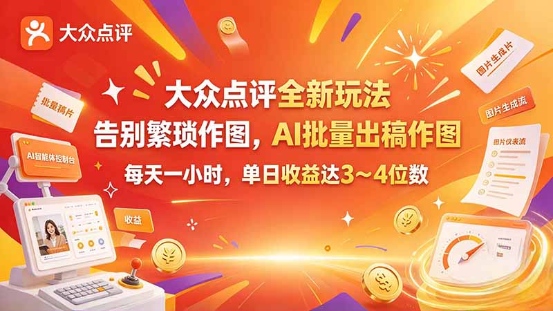 大众点评全新玩法，不用繁琐作图，AI 批量出稿作图，每天一小时，单日收益达 3～4 位数-海之城短剧项目